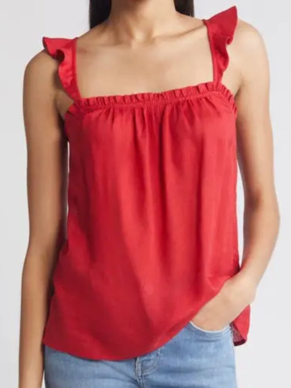 Paige Red Strawberry Jam Linen Blend Square Neck Ruffle Iyala Tank Top sz 2